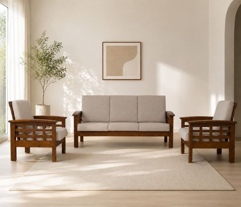 Image 1 for Checked Sofa 3+1+1 Seater Solid Rubber Wood (ZAM) (OWD)
