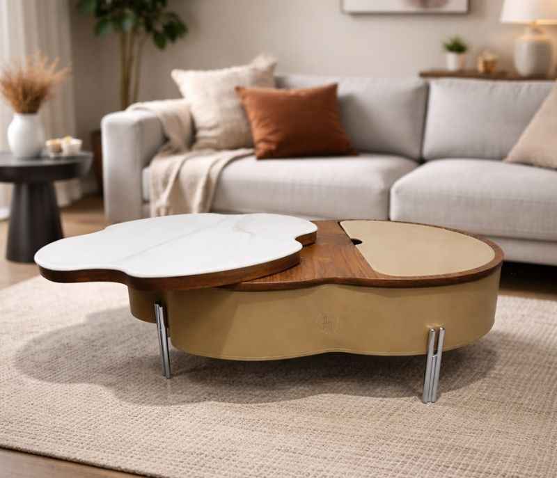 Image 1 for Center Table 3 Marble Top With Storage Combined Wood And Metal Legs Support (HYD)