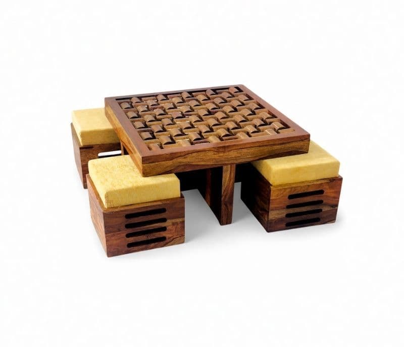 Image 5 for Nivaar 4 Stool Center Table Solid Sheesham Wood With Extra Glass And Cushions (SCV _PKU)(BTM)(WF)