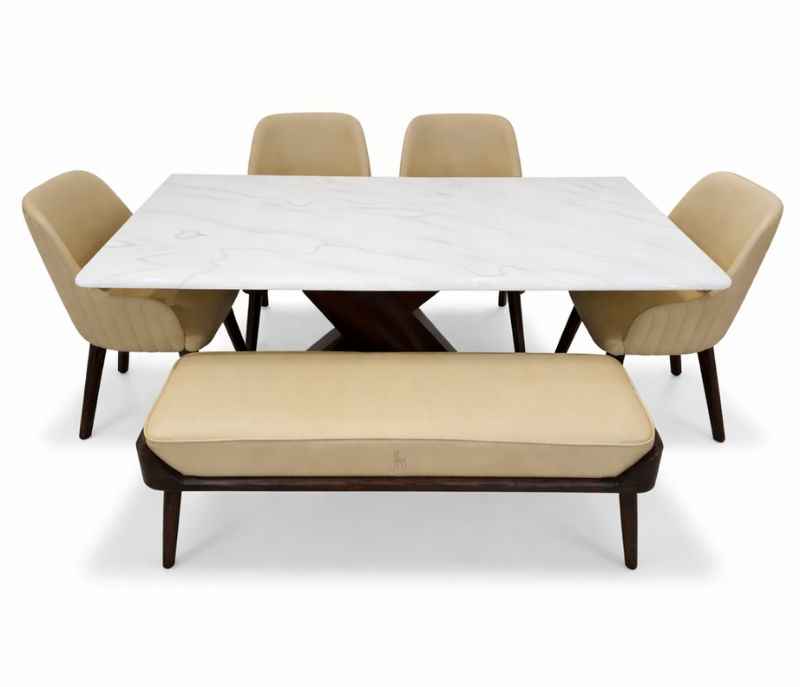 Image 2 for DT AXE /DC 334/8312 Dining table-1+4 chairs + Bench Ash wood and Ms plate with composite Marble Top (BSK)