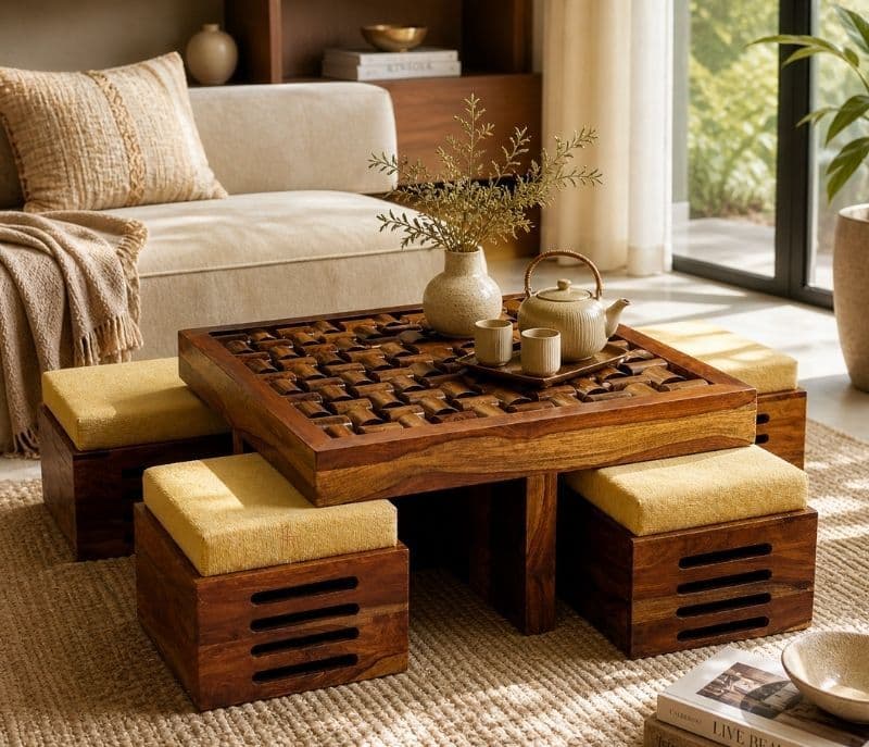 Image 2 for Nivaar 4 Stool Center Table Solid Sheesham Wood With Extra Glass And Cushions (SCV _PKU)(BTM)(WF)