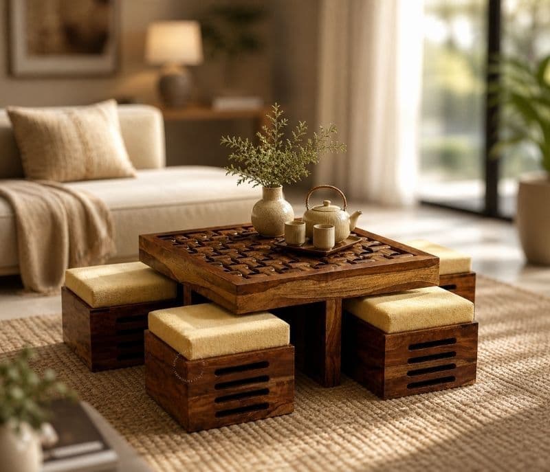 Image 1 for Nivaar 4 Stool Center Table Solid Sheesham Wood With Extra Glass And Cushions (SCV _PKU)(BTM)(WF)