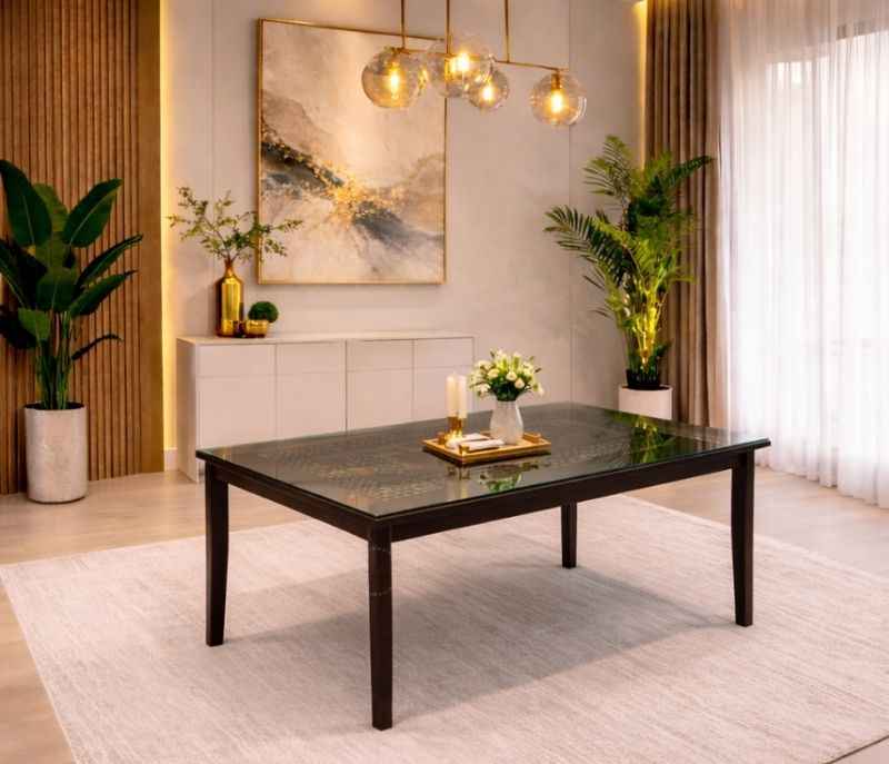 Image 1 for Chocolate DT 6 Seater Assam Teak Wood Dining Set with Fabric Upholstery (BTM)