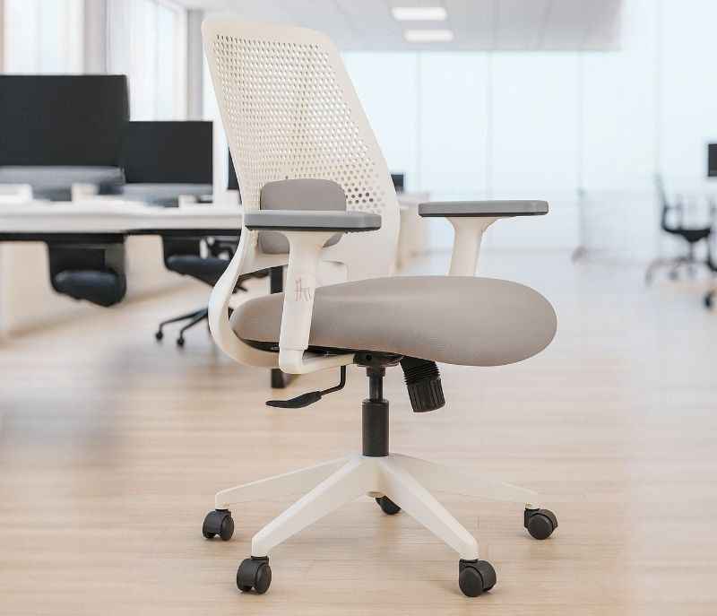 Image 1 for Rio Grey Office Chair with Adjustable Lumbar Support Modern Swivel Chair Padded White Frame Fabric Grey