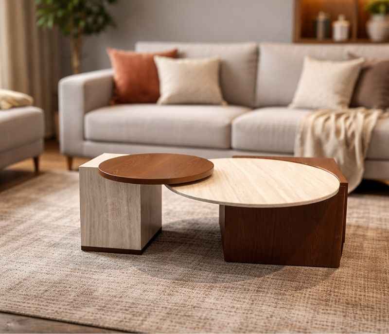 Image 1 for E290 Centre Table Plus Corner Table Marble Top With Wooden Base And Wood Top (HYD)