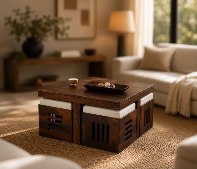 Image 1 for Odejia 4 Stool Center Table Solid Sheesham Wood With Cushions (SCV _PKU)