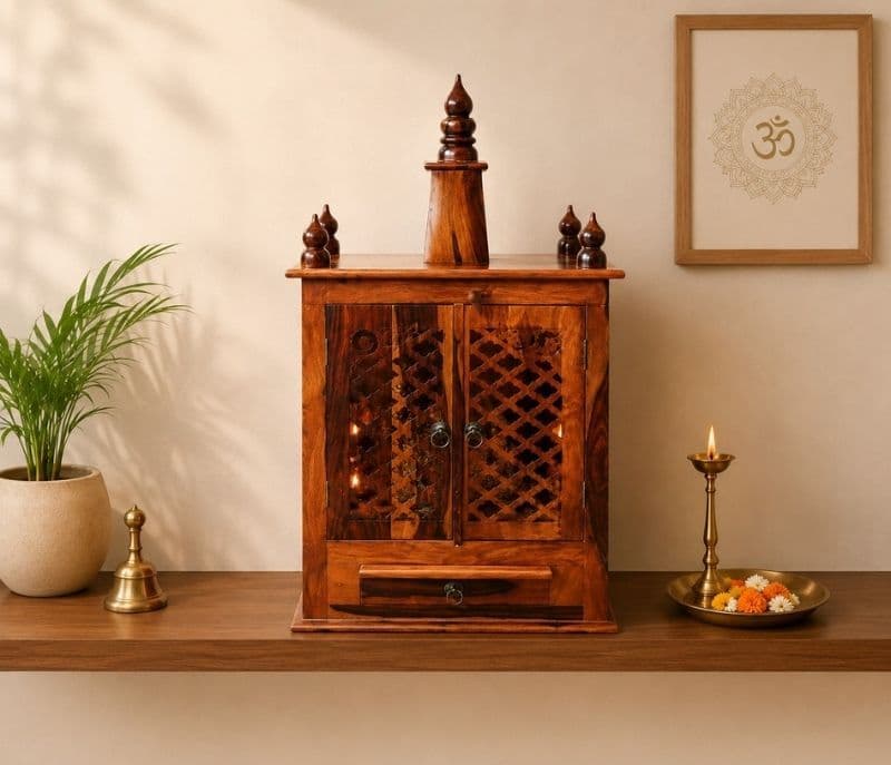 Ishasthan Pooja Mandir Solid Sheesham Wood (Honey Finish) (SCV_PKU)