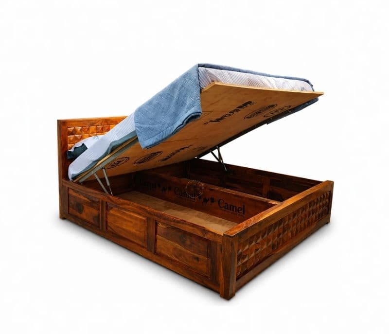 Image 5 for Diamond Cot Hydraulic Storage Sheesham Wood King Size Premium Solid Sheesham Wood Honey Finish (SCV _PKU)