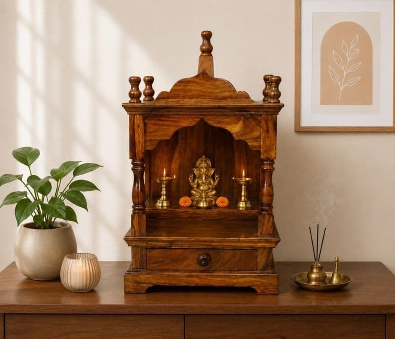 Devora Pooja Mandir Solid Sheesham Wood (Honey Finish) (SCV_PKU)