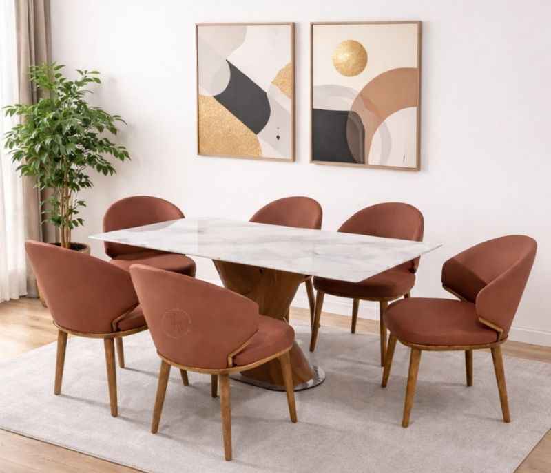 Image 2 for C05 6 Seater Marble Dining Set with Premium Leatherette Upholstery
