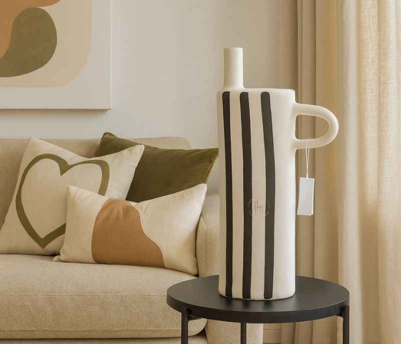 Image 1 for HCV-158 Black & White Ceramic Vase With Stripe & Handle Detail