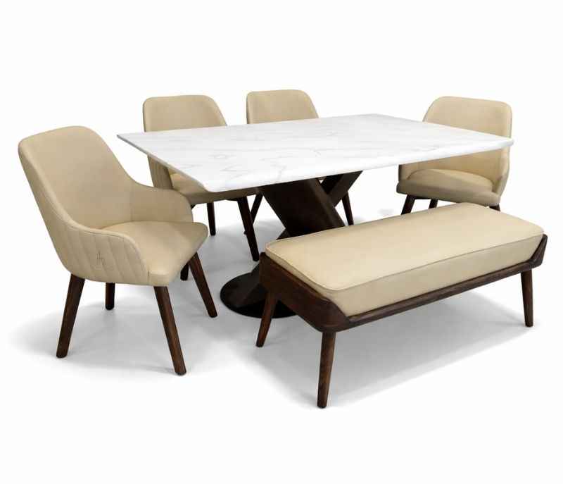 Image 4 for DT AXE /DC 334/8312 Dining table-1+4 chairs + Bench Ash wood and Ms plate with composite Marble Top (BSK)