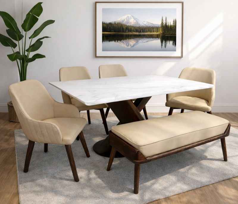 Image 1 for DT AXE /DC 334/8312 Dining table-1+4 chairs + Bench Ash wood and Ms plate with composite Marble Top (BSK)