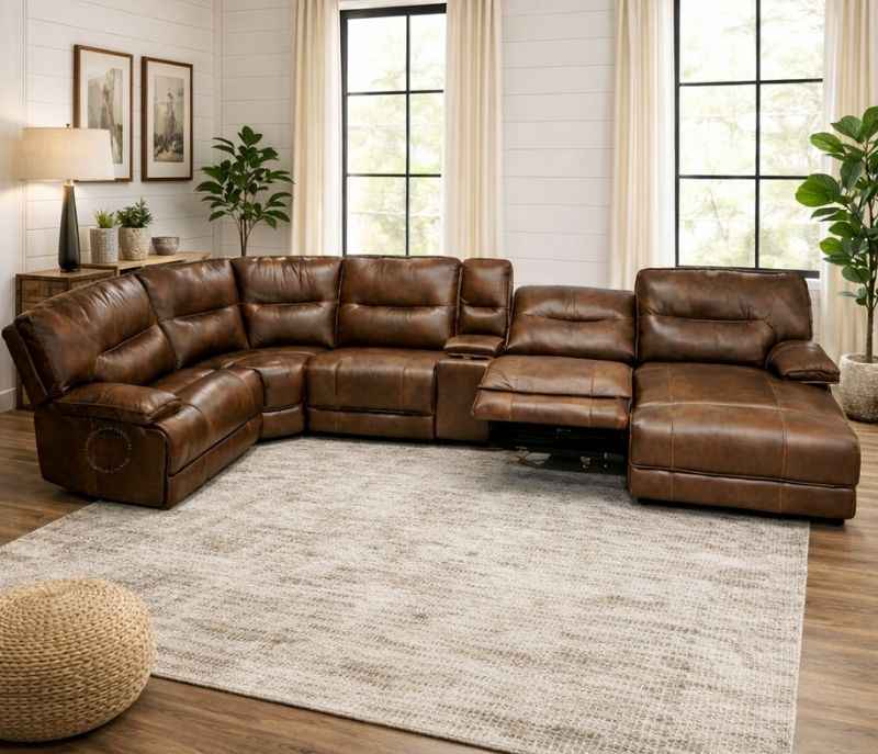UX70048HM Laf PWR+Corner 1/4+ Armless PWR Recliner+ Armless Chair+RAF Push Back Chaise W/PHR+Staright Console +Armless Chair Body Touch Leather(EC)(CP)