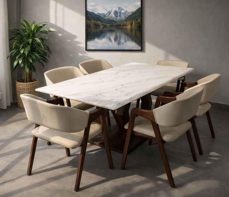 Image 1 for D/Set 6+1 DT- Axon/DC-370/ 1+6 Seater With Splesh Marble Top (size - 6×3) & Leatherette Dining Set (CP OTD)