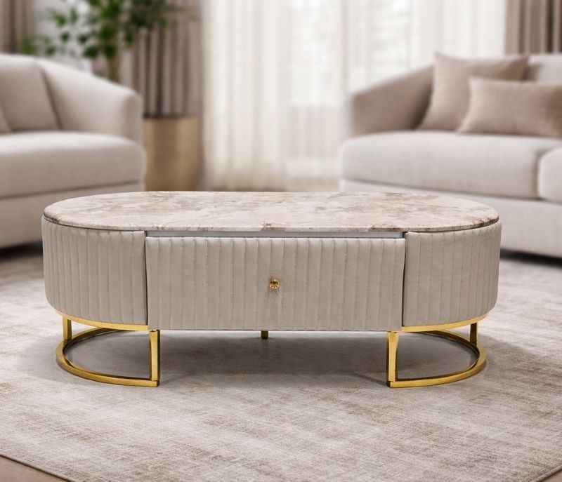 Image 3 for 8887 Beige Centre Table With Marble Top And Metal Base (HYD OTD)