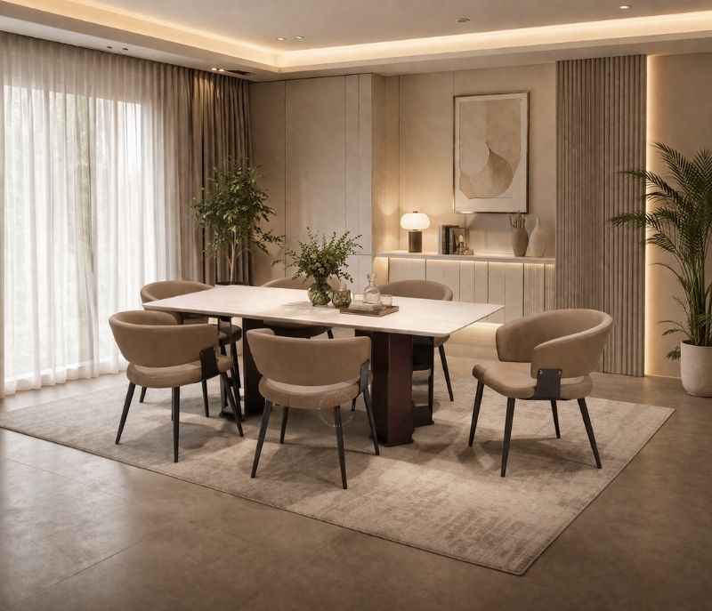 Image 1 for DINING TABLE 657+ DINING CHAIR Y173 Marble Top With Metal Base Support 1+6 Seater (HYD)