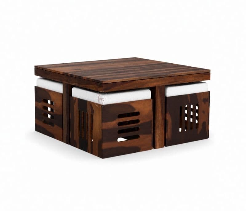 Image 5 for Odejia 4 Stool Center Table Solid Sheesham Wood With Cushions (SCV _PKU)