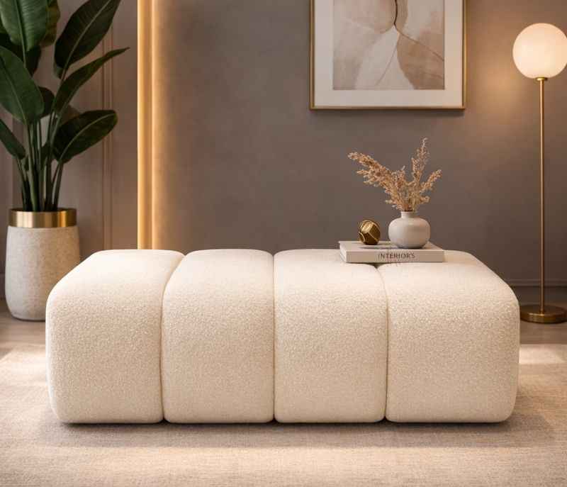Compa Sofa 3+ Lounger Plus Puffy Buckle Fabric Upholstery Solid Miranda Wood (WH)