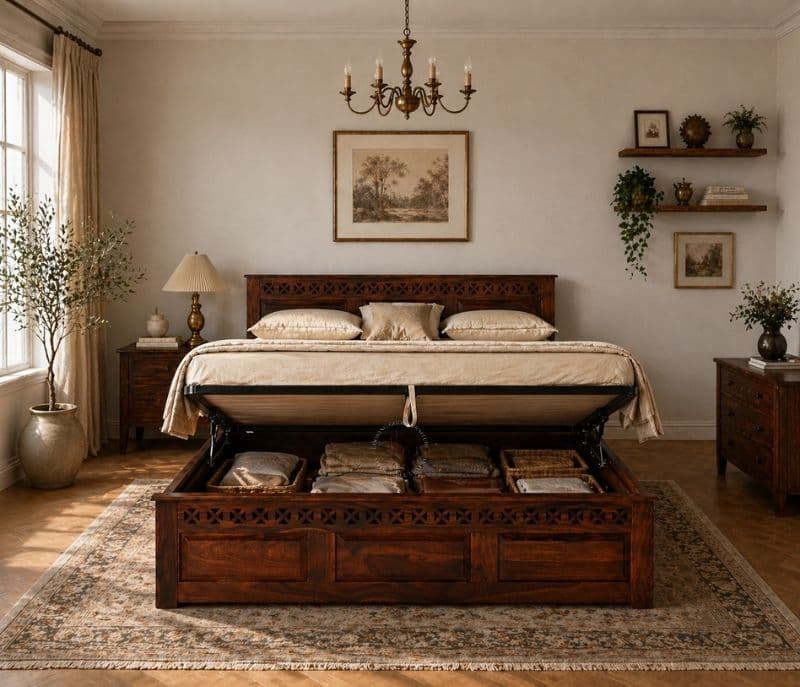 Image 4 for Rudolf Sheesham Wood Hydraulic Storage Premium Solid Sheesham Wood Honey Finish (SCV _PKU)
