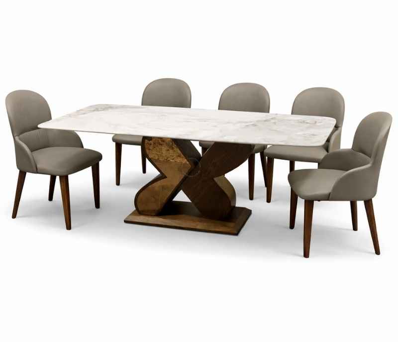 Image 2 for TOP-8-SY09 6 Seater Marble Dining Set with Solid Ash Wood and Premium Leatherette Upholstery (HYD)