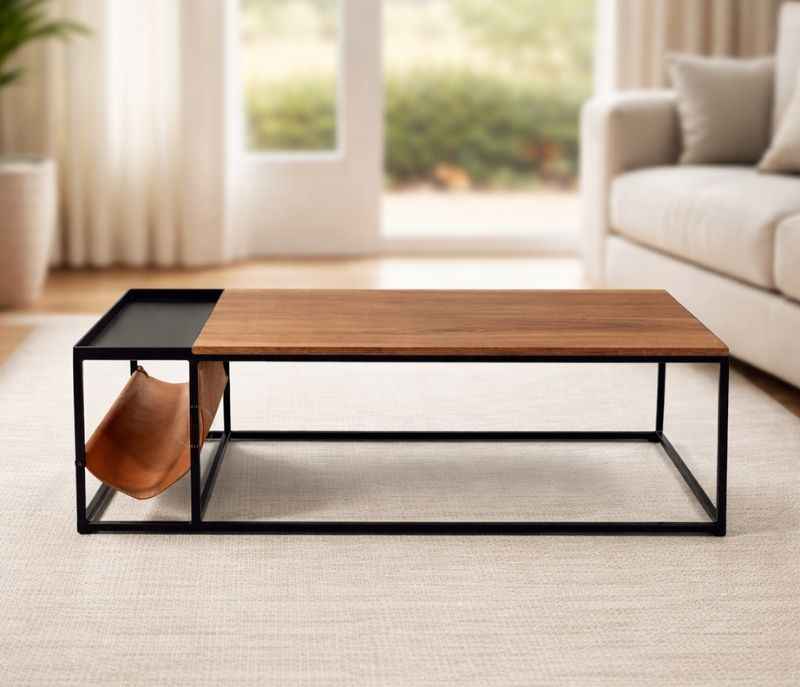 Image 1 for Leather CT Coffee table With Wooden Top And Metal Base (WF OTD)