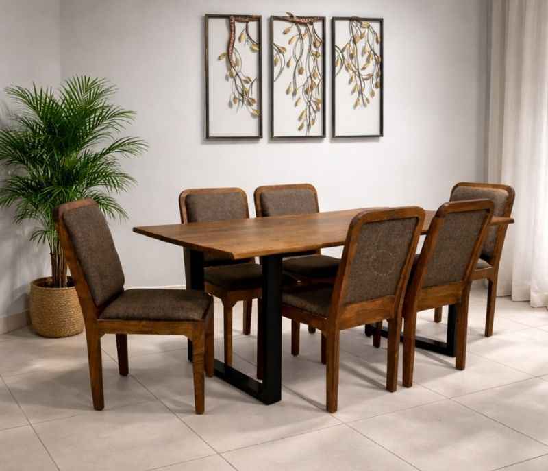 Image 2 for Live Edge Dining Set Table 4+Bench Acacia Wood with Premium Fabric (WH)(EC)(HYD)(BWD)(BSK)