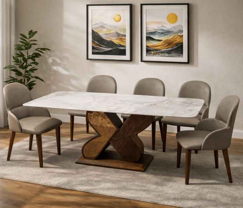 Image 1 for TOP-8-SY09 6 Seater Marble Dining Set with Solid Ash Wood and Premium Leatherette Upholstery (HYD)