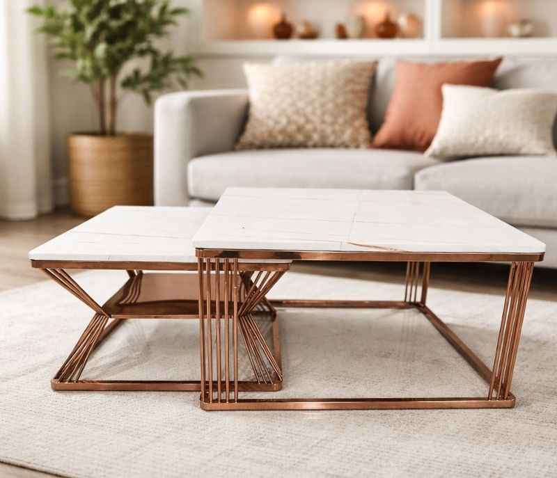 Image 1 for Centre Table 2 Marble Top And Down Metal With Rose Gold PVD (HYD)