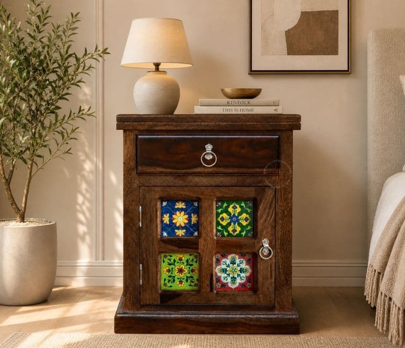 Image 1 for Tile Bed Side Table Solid Sheesham Wood Honey Finish (SCV _PKU)