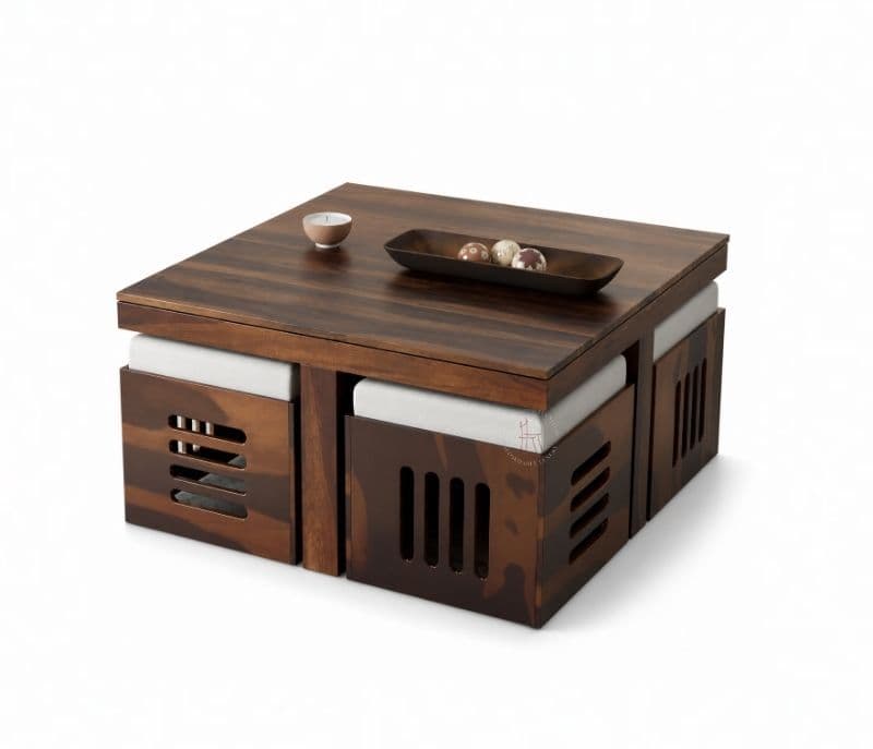 Image 7 for Odejia 4 Stool Center Table Solid Sheesham Wood With Cushions (SCV _PKU)