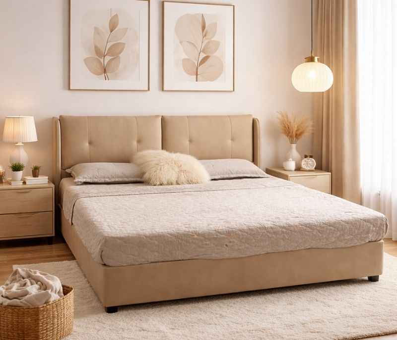 Image 1 for 2301-180 Beige King Size Hydraulic Storage Leather Upholstery With Pine Wood Frames (HYD)