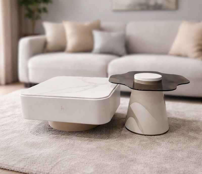 Image 1 for 3126C Centre Table Marble Top Plus Corner Table With Glass Top And Wood Base With Duco (HYD)