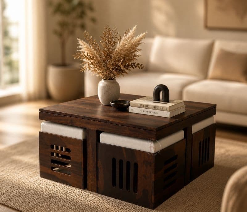 Image 2 for Odejia 4 Stool Center Table Solid Sheesham Wood With Cushions (SCV _PKU)