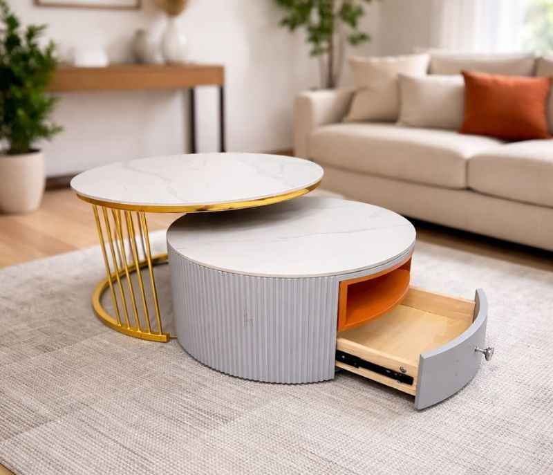 Image 1 for Centre Table 909 White Ceramic Top With Metal Base And Drawer With Storage (HYD)