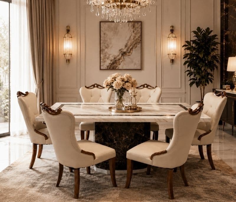 Image 1 for 606 6 Seater Marble Dining Set with Premium Leather Upholstery
