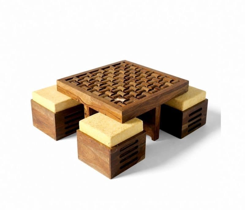 Image 4 for Nivaar 4 Stool Center Table Solid Sheesham Wood With Extra Glass And Cushions (SCV _PKU)(BTM)(WF)