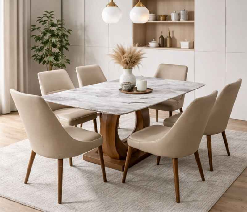 6662/603 1+6 Seater With 5D Marble Solid Rubberwood Base With PVD Base Rubber Wood Chairs Dining Set (BWD OTD)