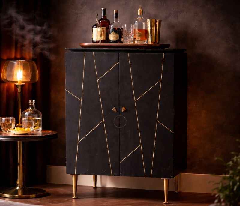 Black Bar Cabinet With Brass Finish (BWD OTD)