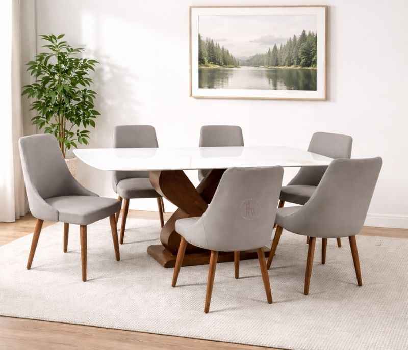 Image 1 for 936 6 Seater Imported Marble Dinign Set with Premium Leatherette Upholstery (WH)
