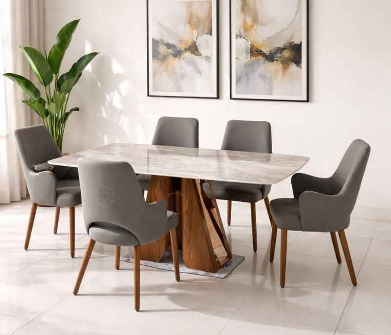 Image 2 for 689 6 Seater Imported Marble Dining Set with Premium Leatherette Upholstery (WH)