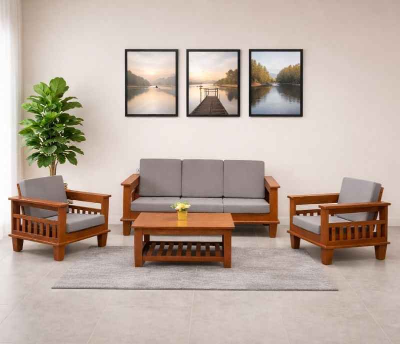 Wooden Sofa 3+1+1+Center Table Jute Fabric(BTM OTD)