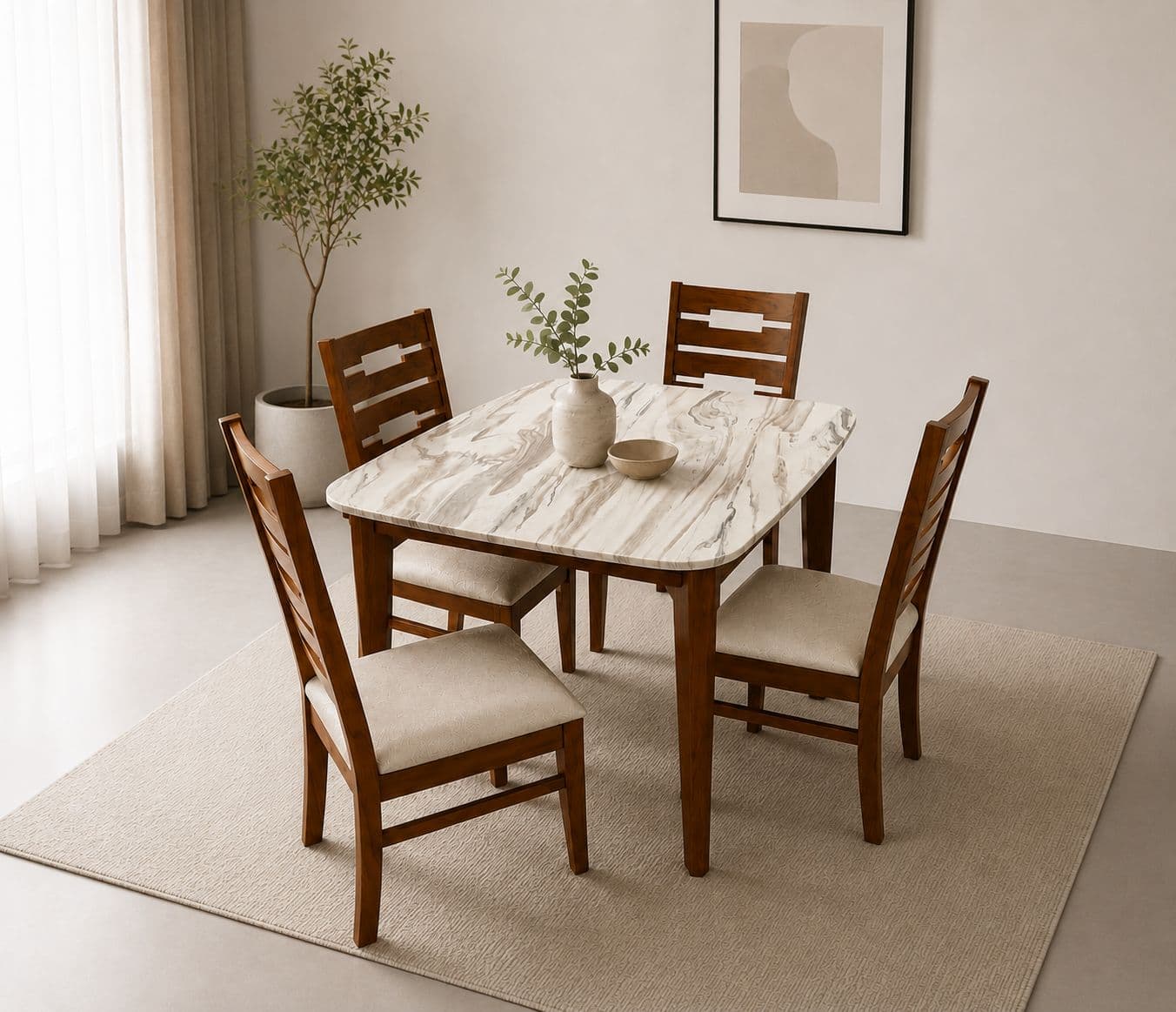 Imperium Dining Table 1+4 Seater Top Marble Solid Teak Wood (BTM)