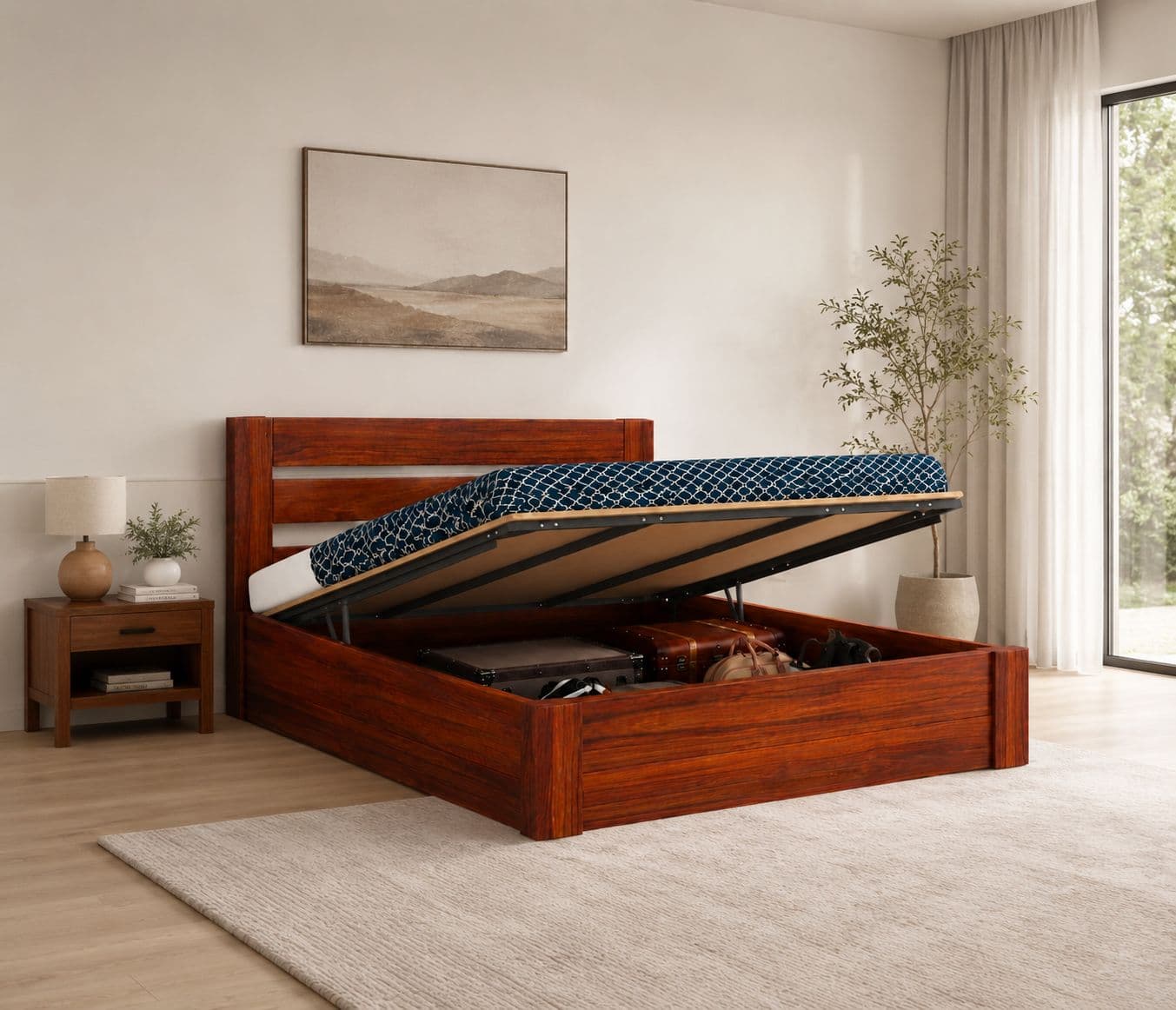 Image 1 for Linora King Size Solid Sheesham Wood Hydraulic Bed