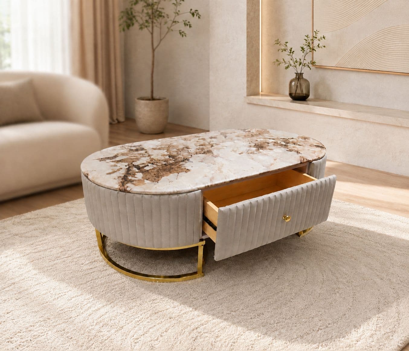 Image 1 for 8887 Beige Centre Table With Marble Top And Metal Base (HYD OTD)
