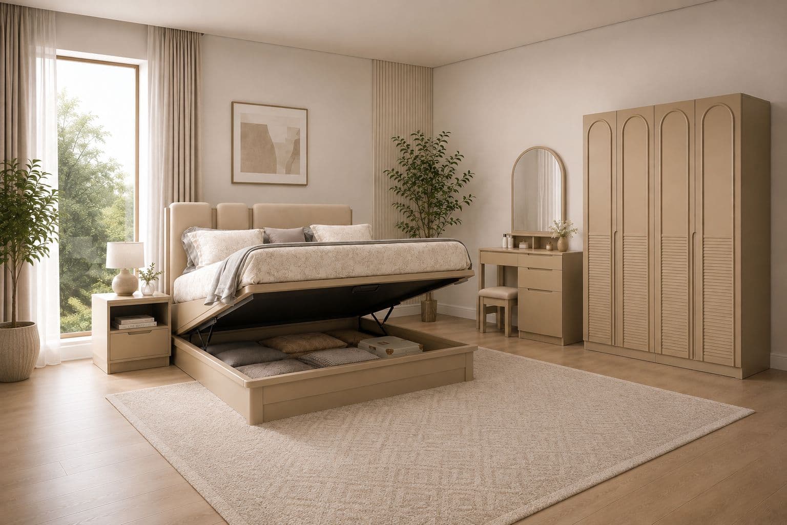21006 Bedroom Set King Size 72x78 With Hydraulic Storage + 2 Bed Side Table + 4 Door Wardrobe (BSK OTD)