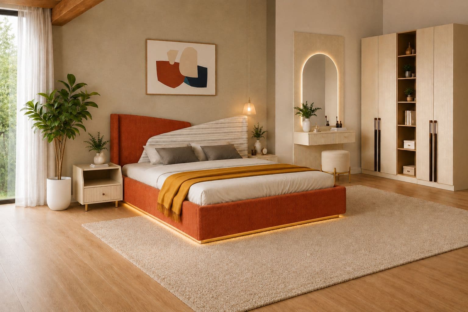 45004 Bedroom Set Hydraulic Storage Bed one Bed Side Table 5 Door Drawer Wardrobe And Dresser Storage Table (HYD OTD)