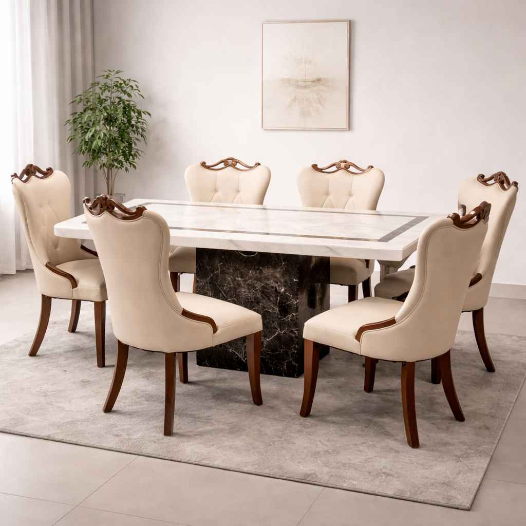 Image 2 for 606 6 Seater Marble Dining Set with Premium Leather Upholstery