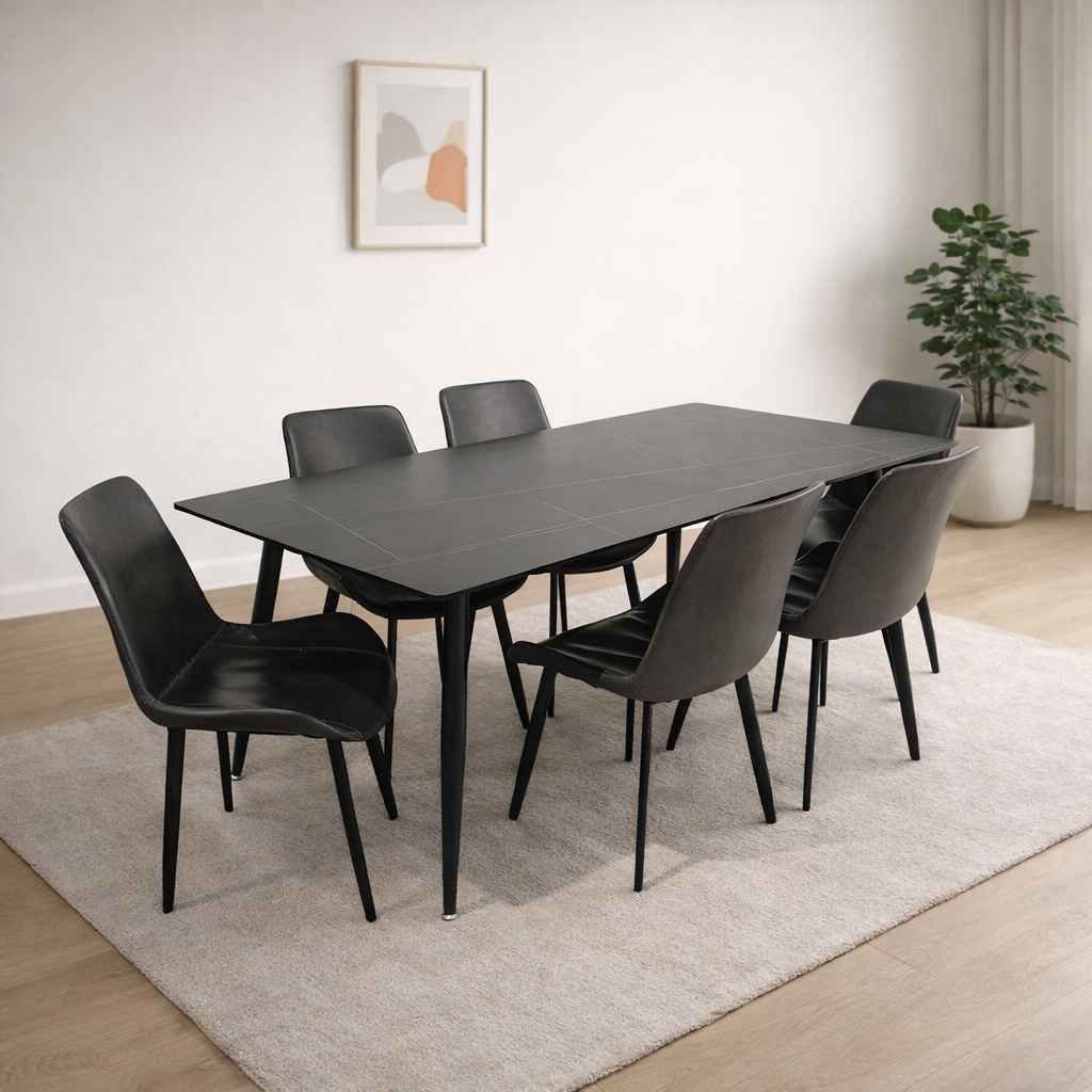 Mendy 1+6 Seater Sintered Marble With Leatherette Upholstery Dining Set (BSK OTD)