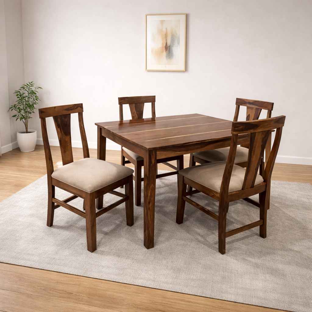 Image 1 for Zana 4 Seater Solid Sheesham Wood Dining Set with Premium Fabric Upholstery (EC)